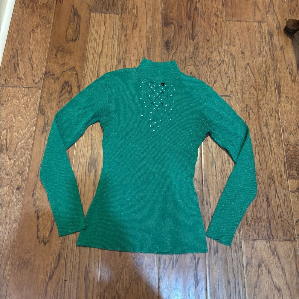 Silk Blend Reba Emerald Green Rhinestone Knit Top Size M
